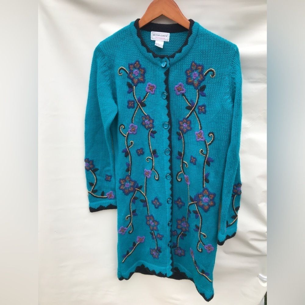Victor Costa Wool Cardigan Womens Blend Long Sleeve Embroidered Sweater Size S